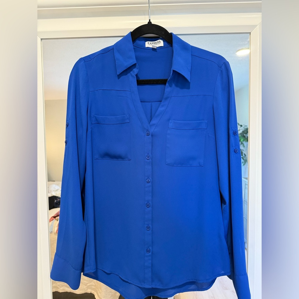 Express Blue Notched Collar Blouse